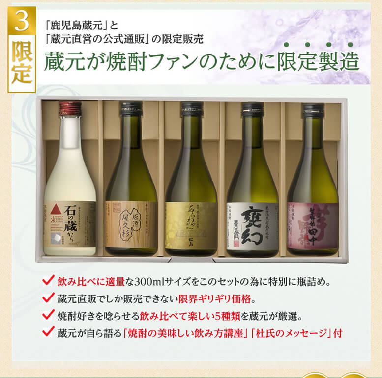 3.限定 「鹿児島蔵元」と「蔵元直営の公式通販」の限定販売 蔵元が焼酎ファンのために限定製造 飲み比べに適量な300mlサイズをこのセットの為に特別に瓶詰め。 蔵元直販でしか販売できない限界ギリギリ価格。 焼酎好きを唸らせる飲み比べて楽しい5種類を蔵元が厳選。 蔵元が自ら語る「焼酎の美味しい飲み方講座」「杜氏のメッセージ」付